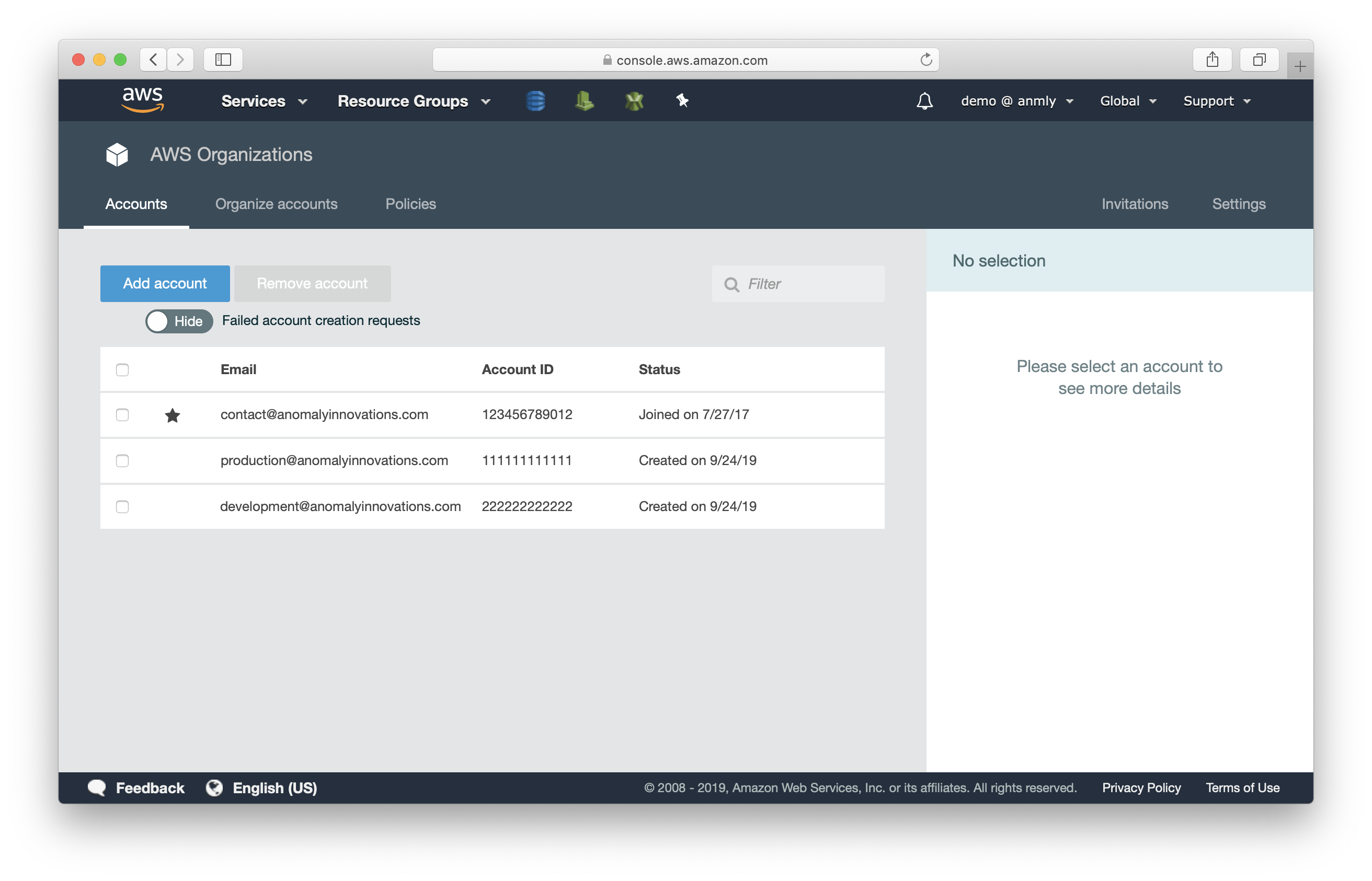 Create Development account in AWS Organizations