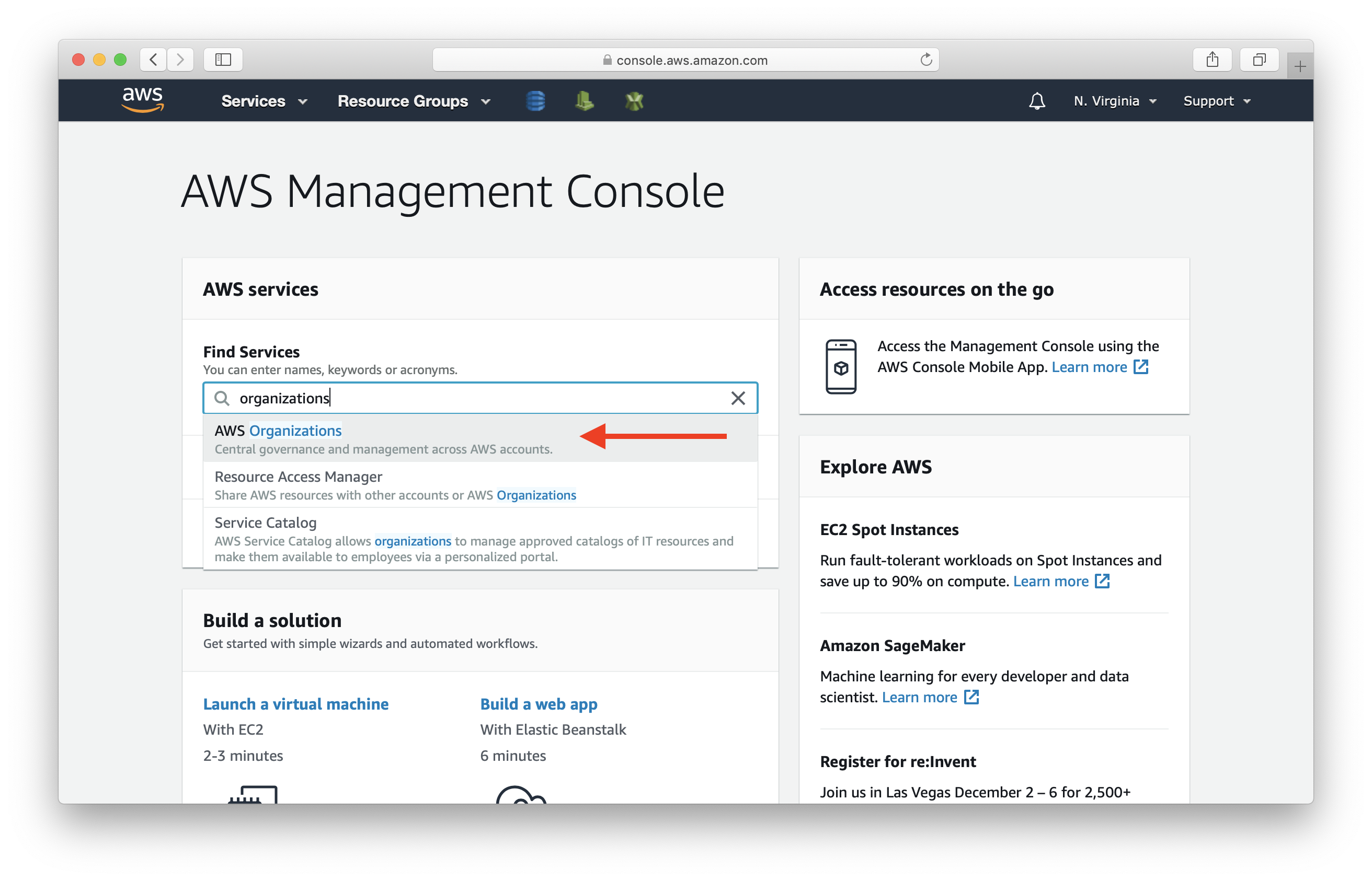 Select AWS Organizations service