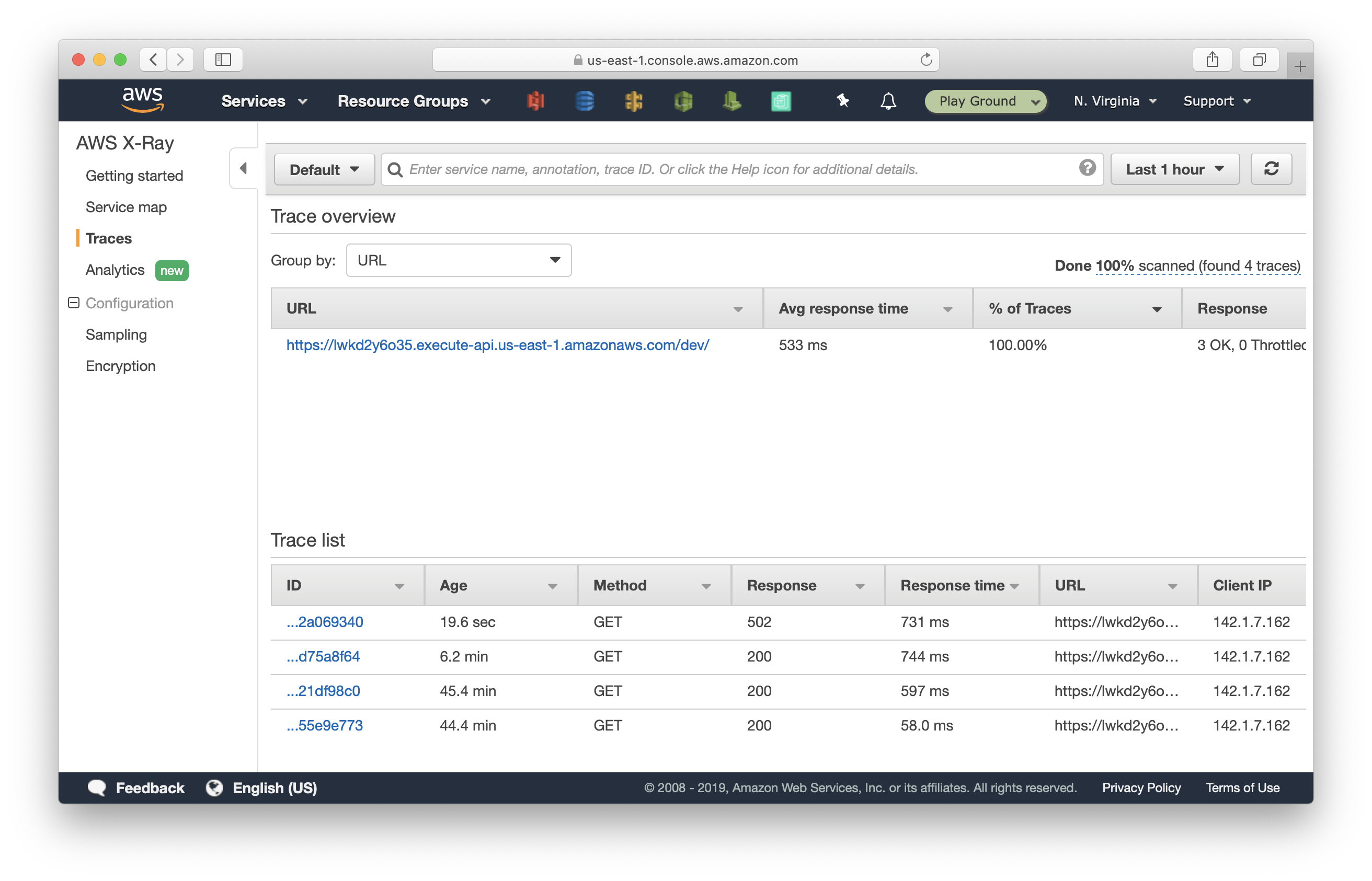 Select recent trace in AWS X-Ray console