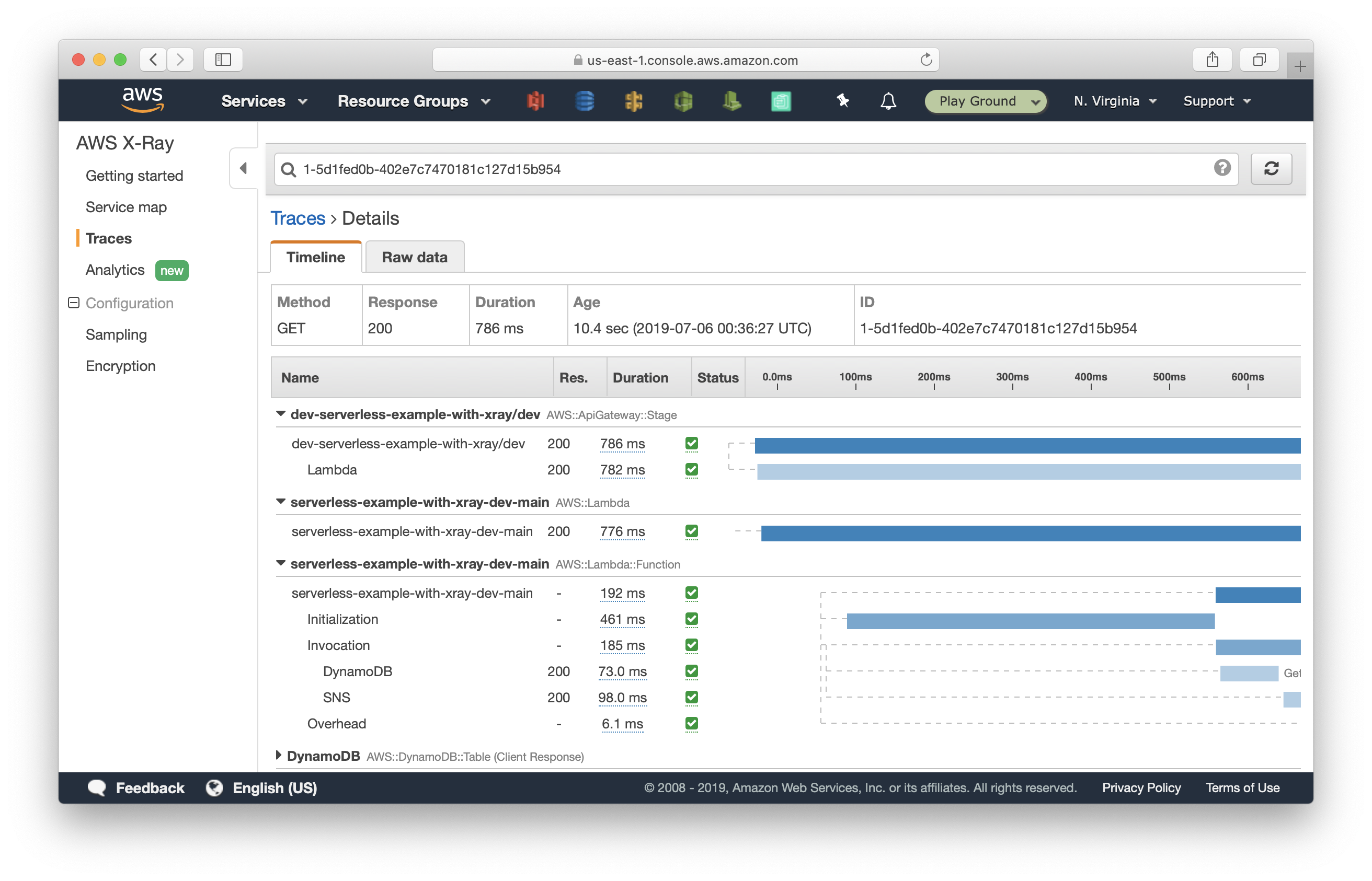 View updated trace in AWS X-Ray console