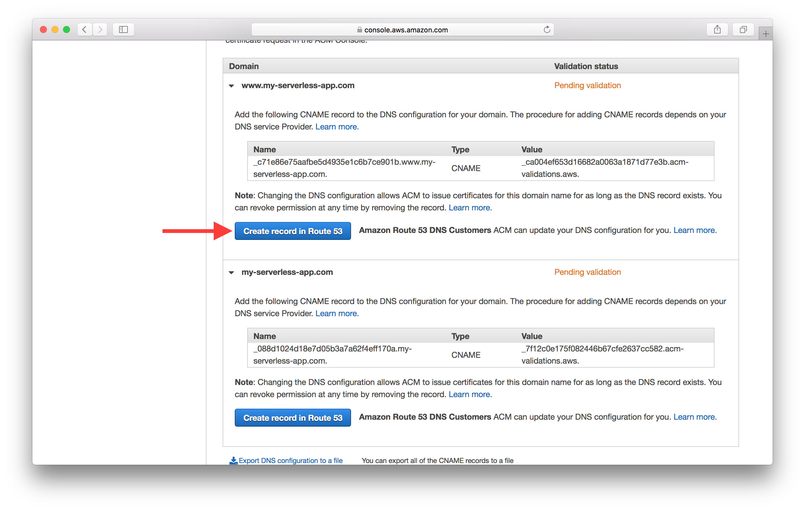 Create Route 53 dns record screenshot