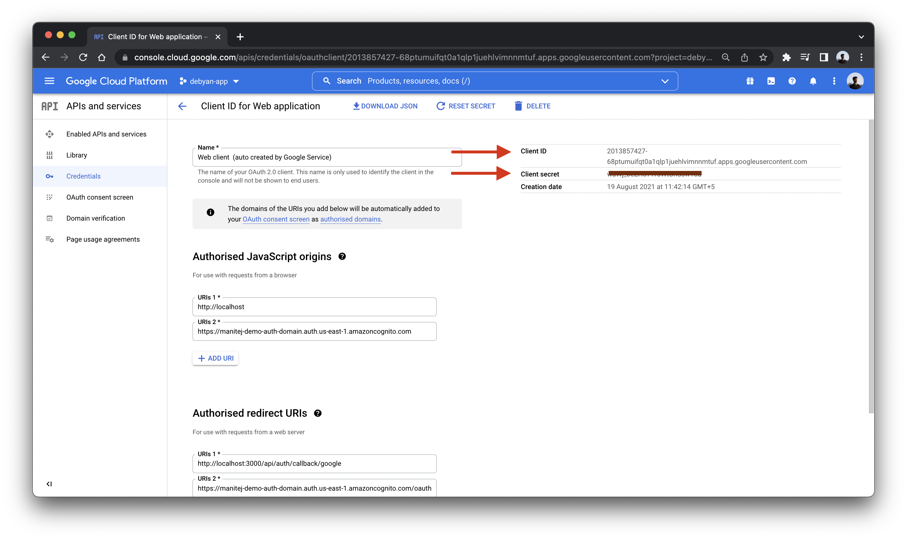 GCP Console API Credentials