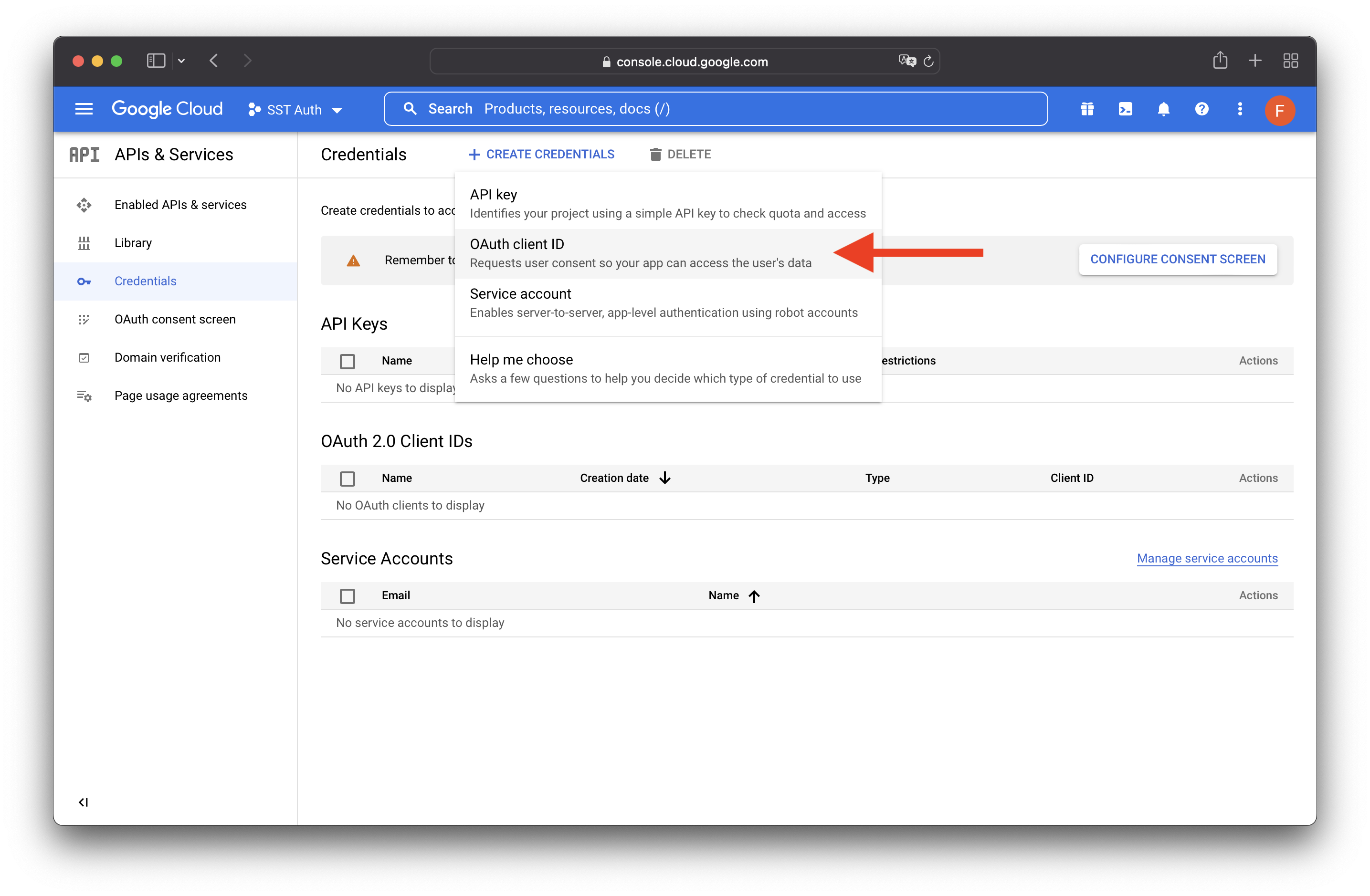 GCP Console Create Credentials