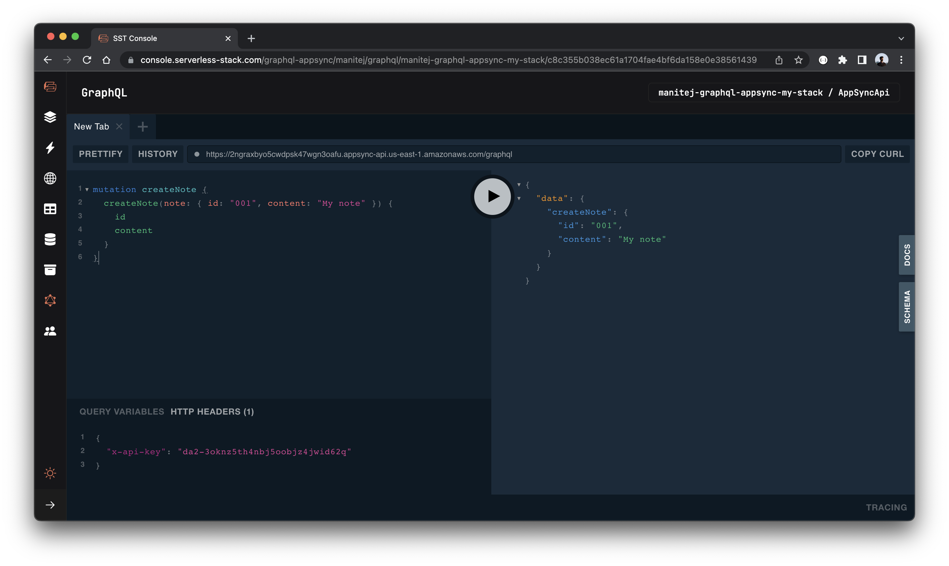 GraphQL console create note