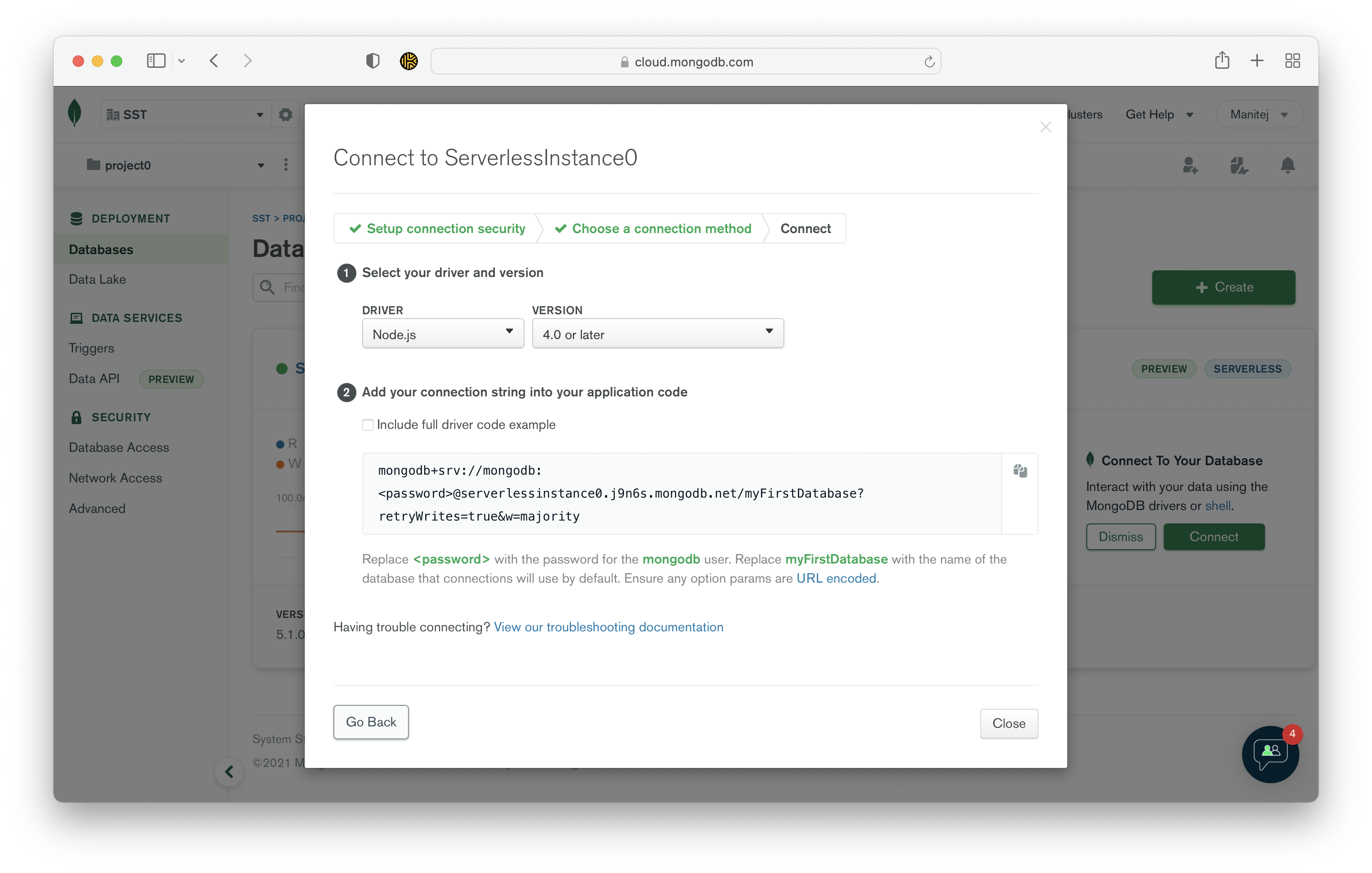 Copy connection string to the database