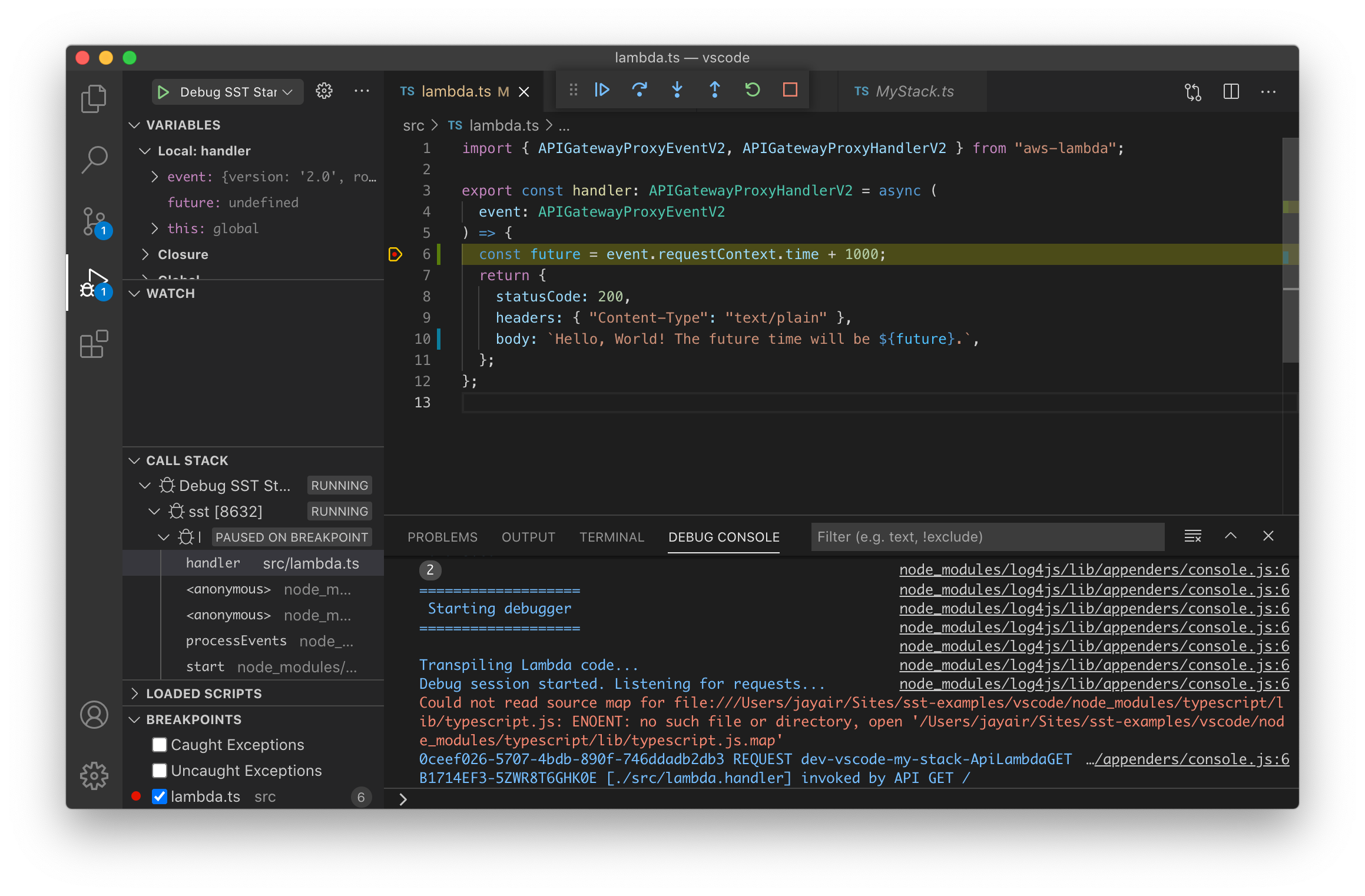Hitting a breakpoint in a Lambda function in VS Code