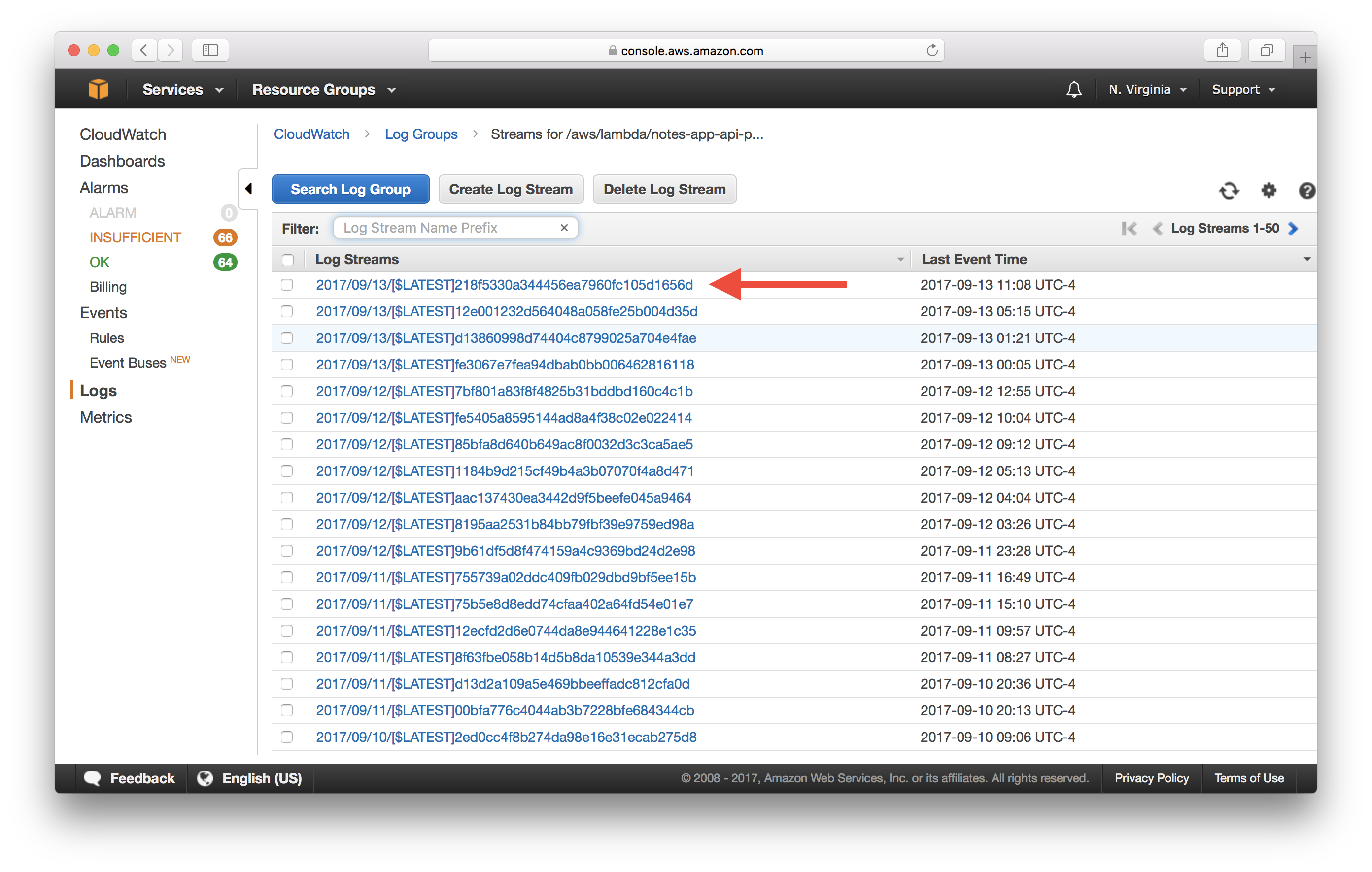 Select CloudWatch Lambda Log Stream Screenshot