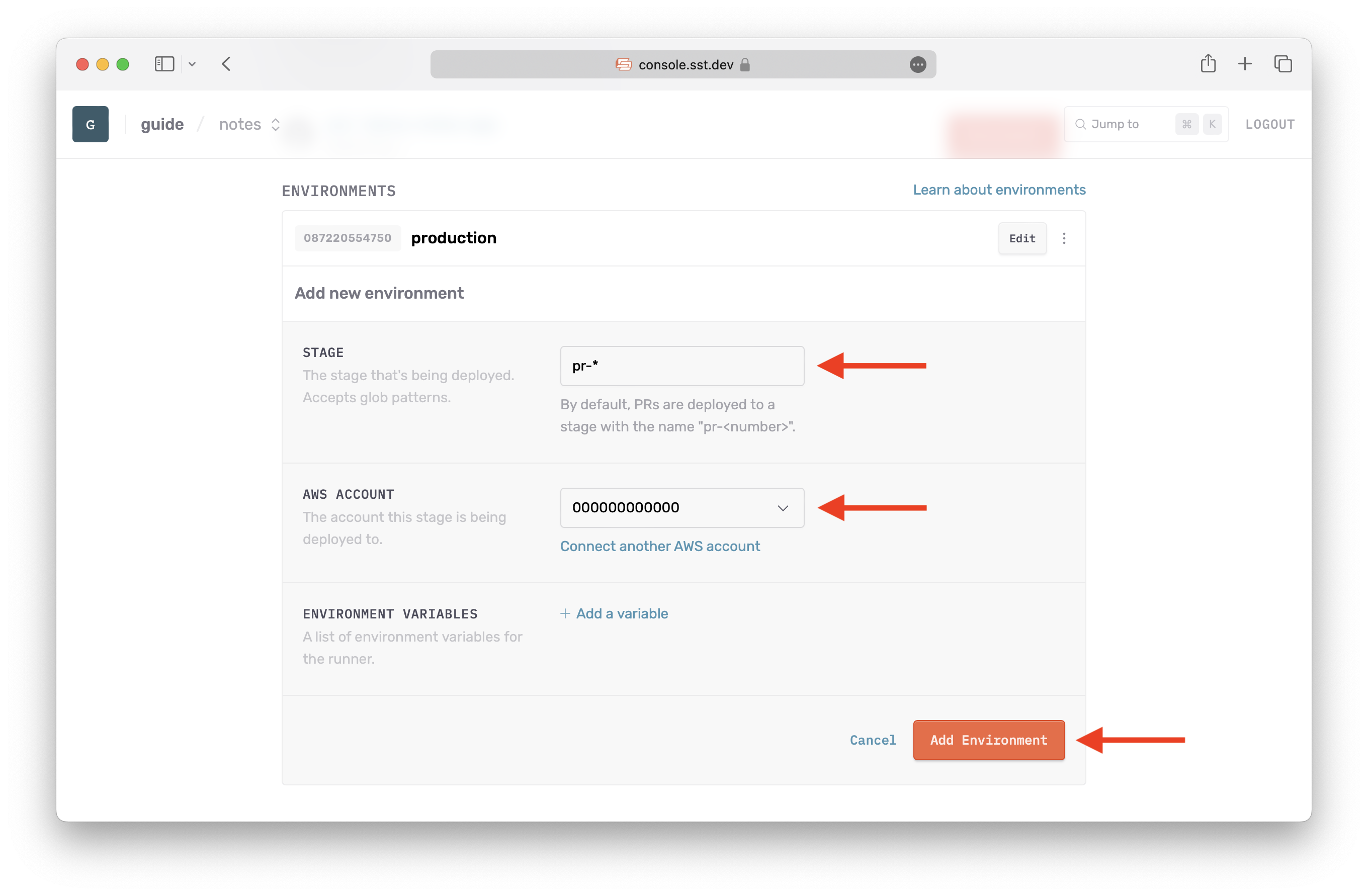 Create PR environment SST Console