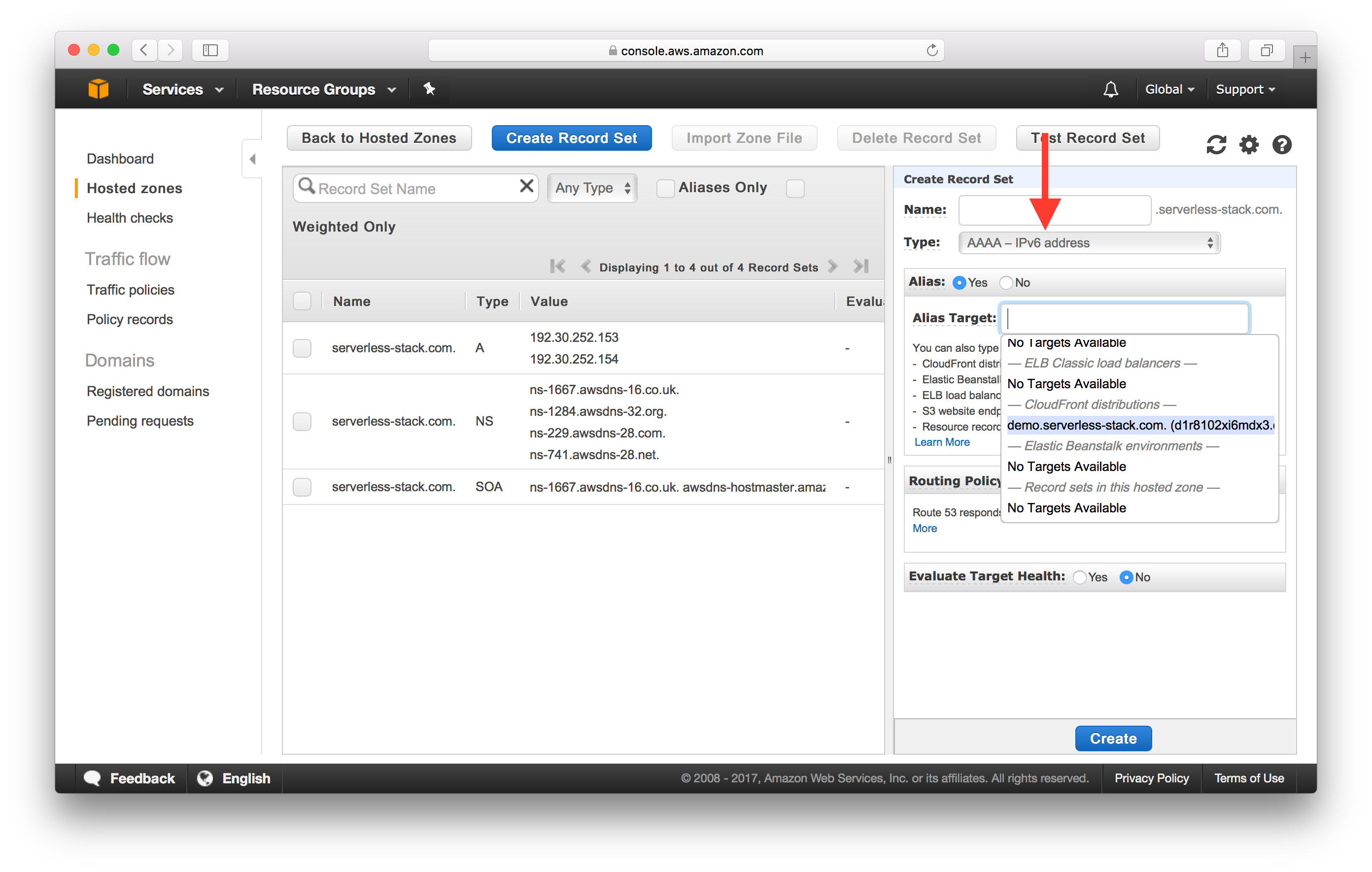 Select AAAA IPv6 record set screenshot